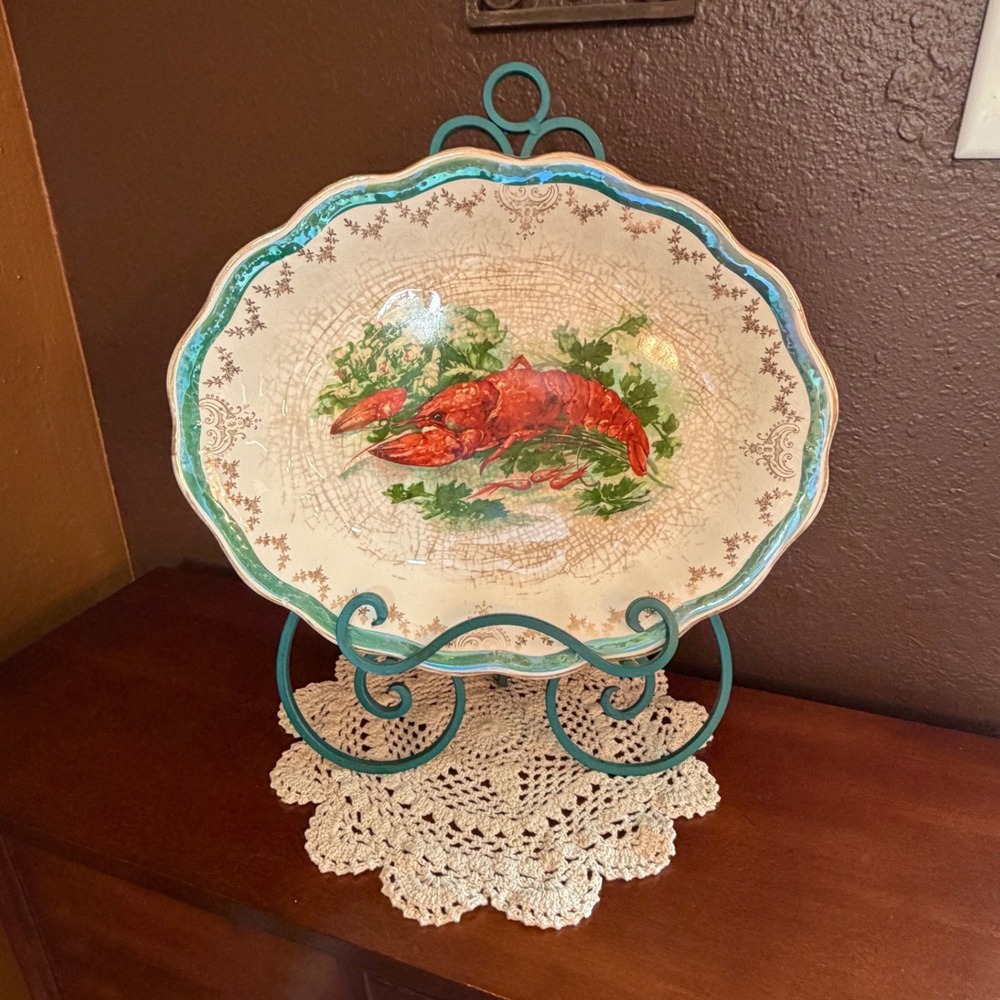 Vintage Sterling China Lobster Oval Serving Platter Scalloped Turquoise Gold 13"